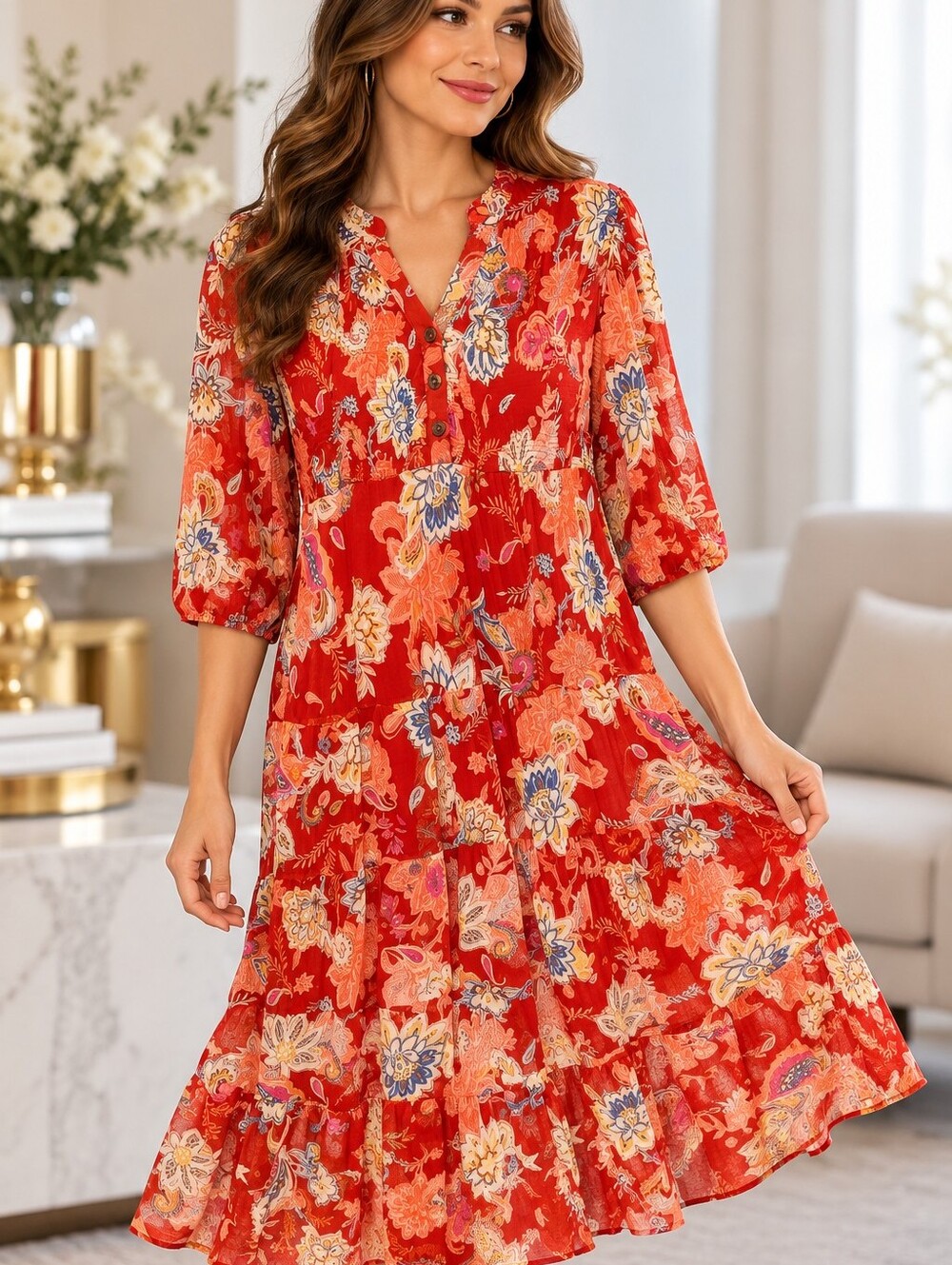 Cactus Red Floral Tiered Midi Dress with V-Neck